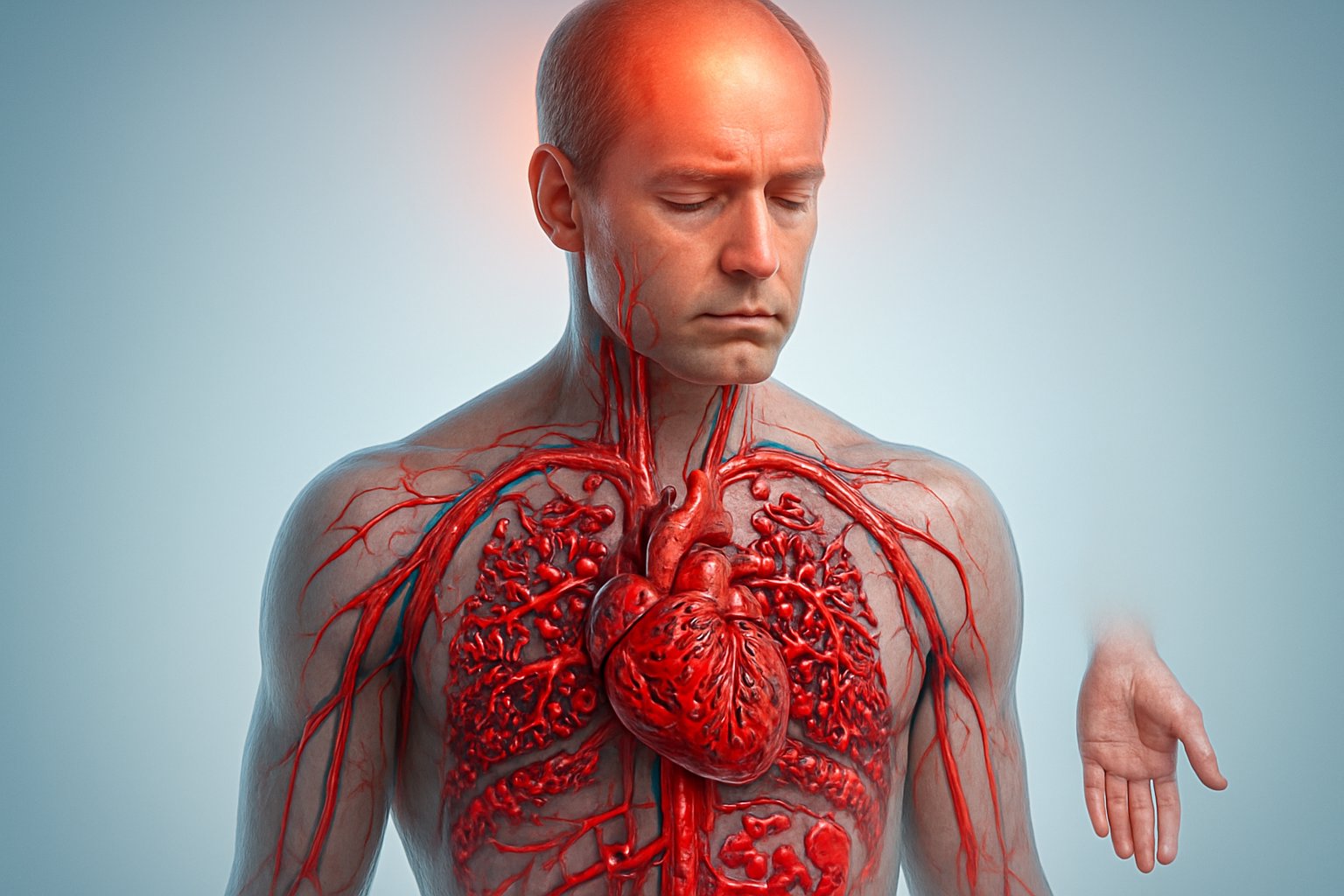 3D rendering of a human torso showing thickened red blood cells in veins and arteries, an enlarged heart, and visual cues for headaches, skin redness, swelling, and fatigue.
