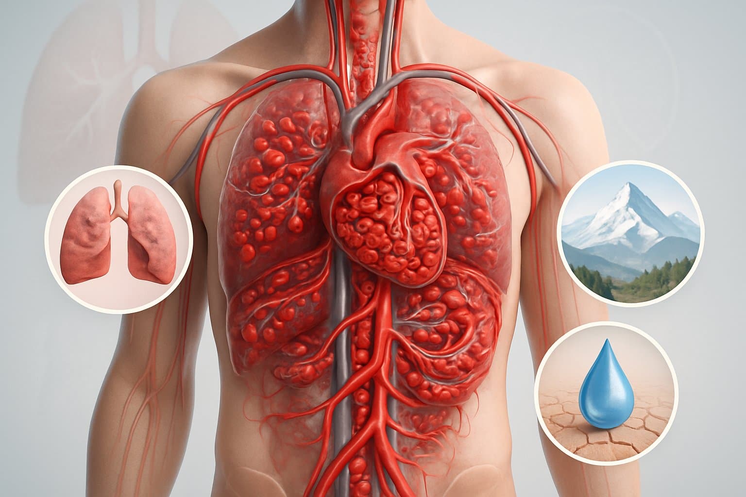 3D medical illustration of a human torso showing blood vessels filled with many red blood cells, with visuals representing lung function, high altitude, and dehydration as causes of high hemoglobin.