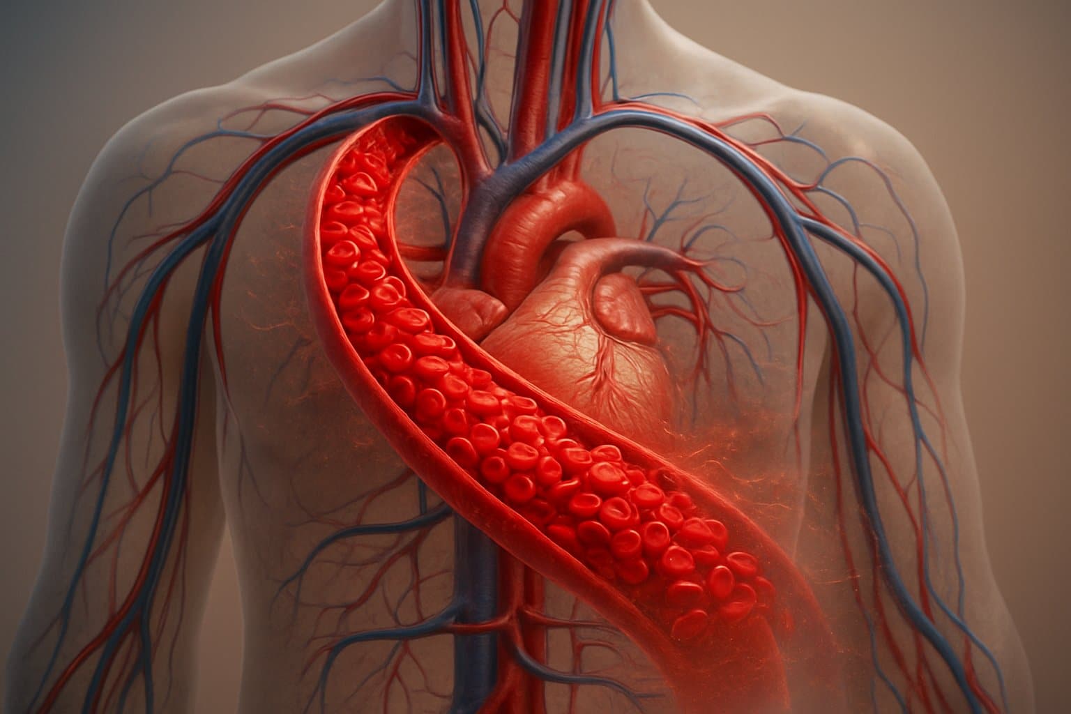 3D rendering of a human torso showing blood vessels filled with densely packed red blood cells indicating high hemoglobin levels.