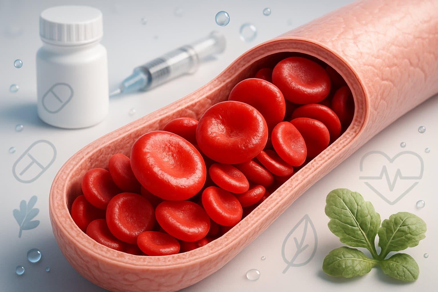 Cross-section of a blood vessel showing many red blood cells with medical and natural symbols representing treatment and prevention around it.