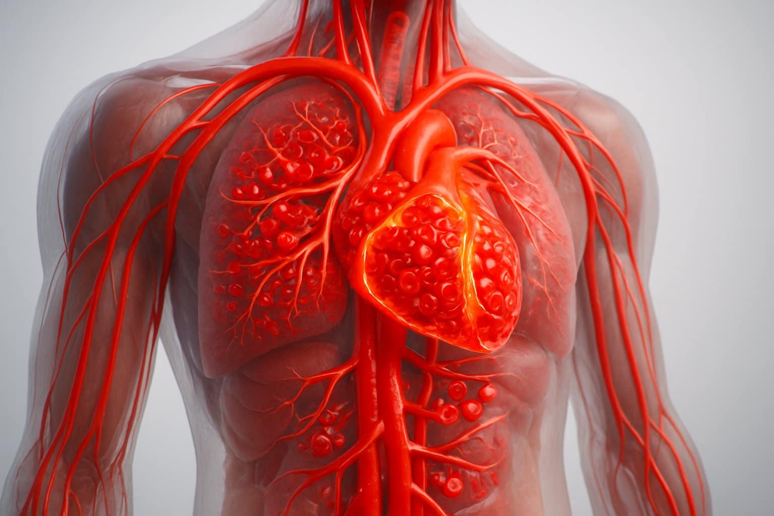 3D rendering of a human torso showing blood vessels filled with a high concentration of red blood cells.