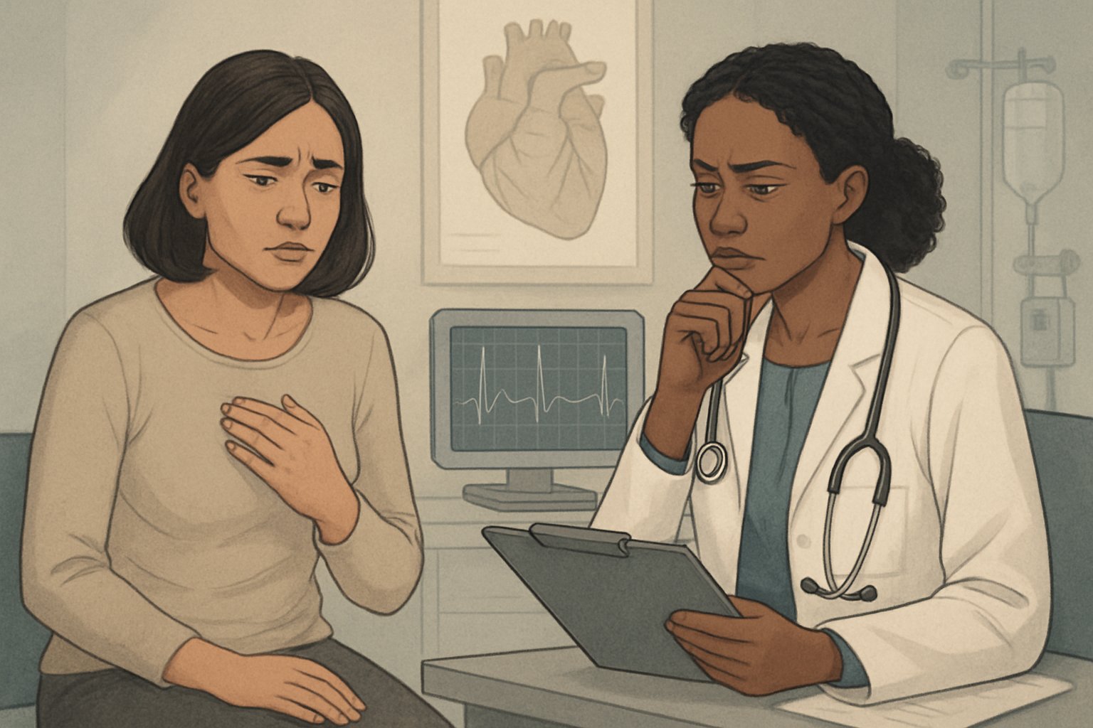 A female patient in a doctor's office looks concerned while the doctor reviews medical charts and heart monitor readings.
