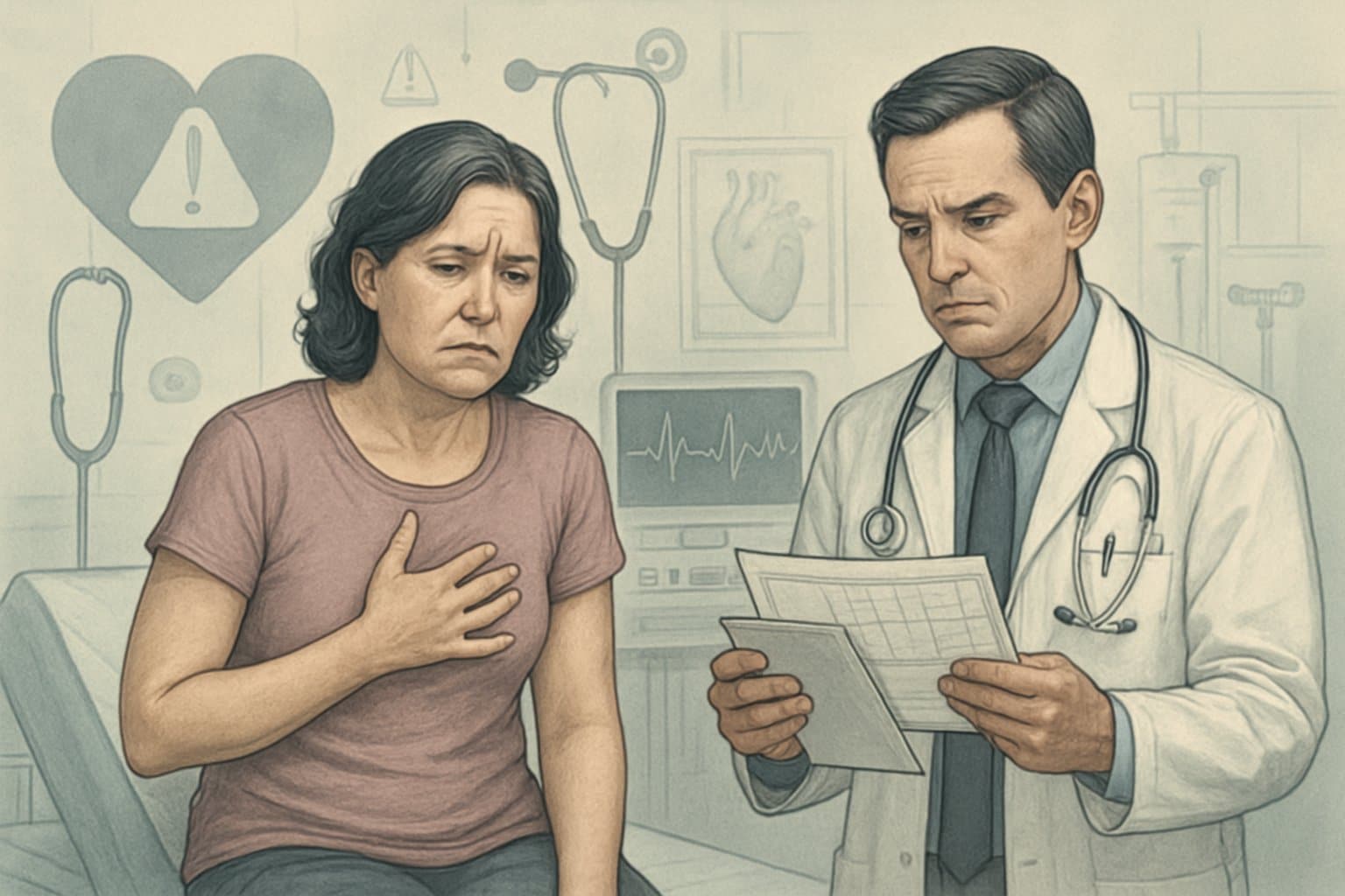A female patient and a doctor in a medical exam room, with the doctor reviewing heart test results and looking concerned.