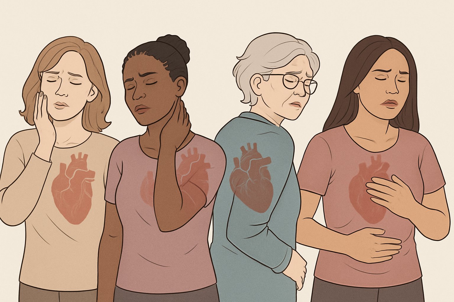 A group of diverse women showing subtle signs of heart attack symptoms such as discomfort in the jaw, neck, back, stomach, and chest.