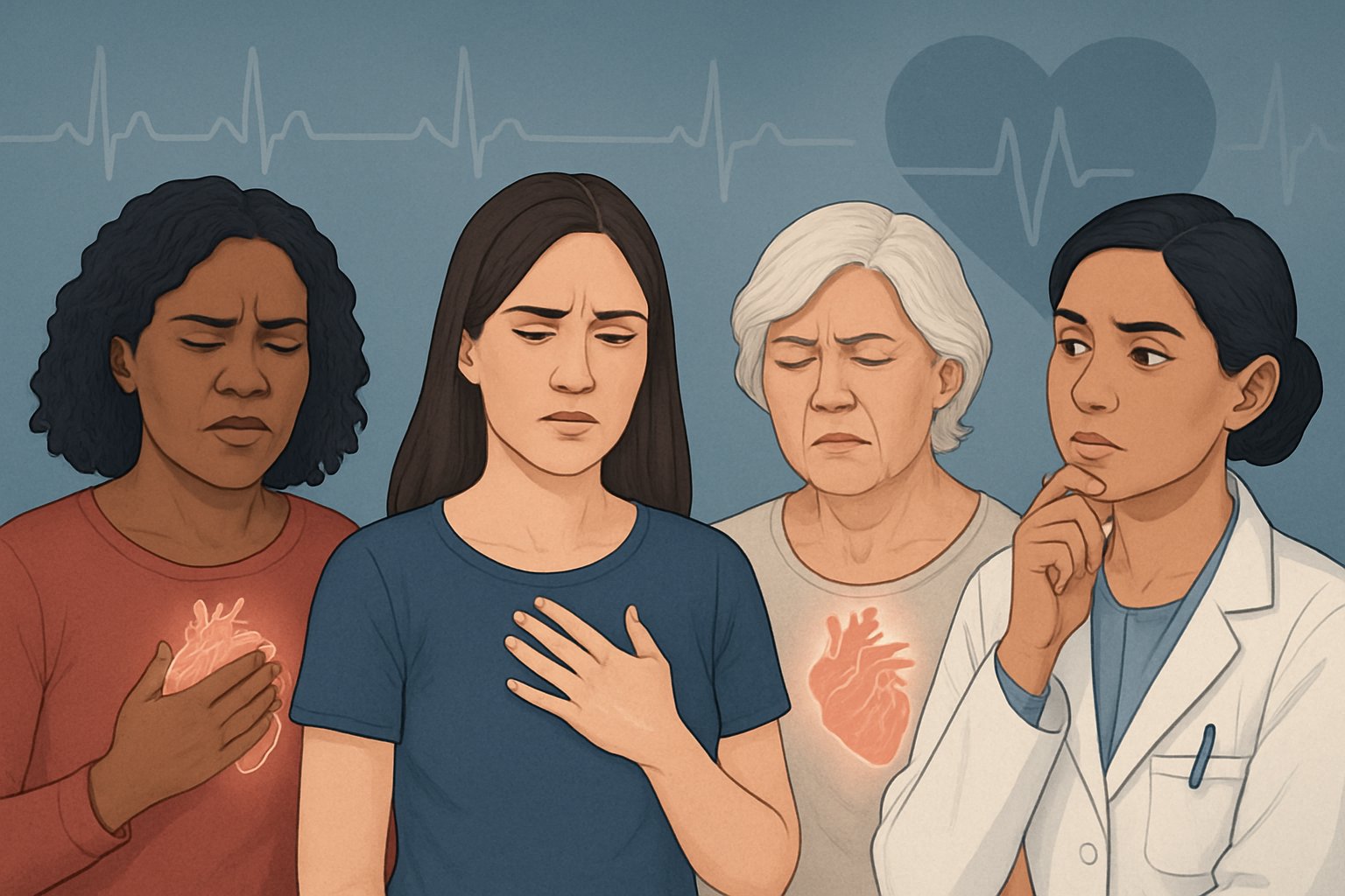 A group of diverse women showing signs of chest discomfort with a healthcare professional nearby, symbolizing challenges in diagnosing heart attacks in women.