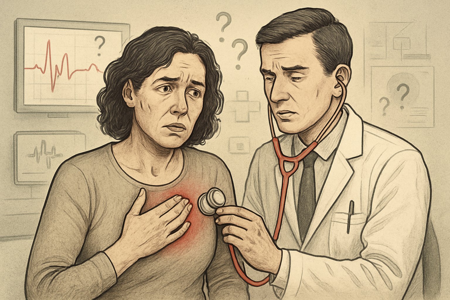 A female patient holding her chest with a concerned expression while a healthcare professional examines her in a medical setting, highlighting challenges in diagnosing heart attacks in women.