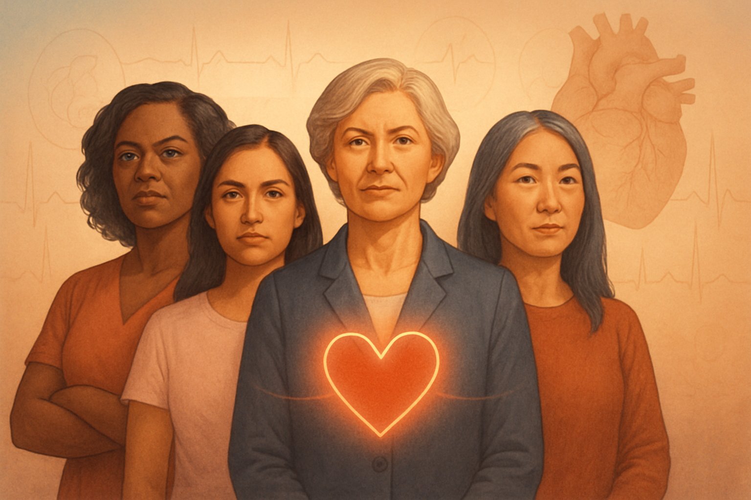 A group of diverse women standing together with a glowing heart symbol connecting them, representing awareness and improvement in women's heart health.