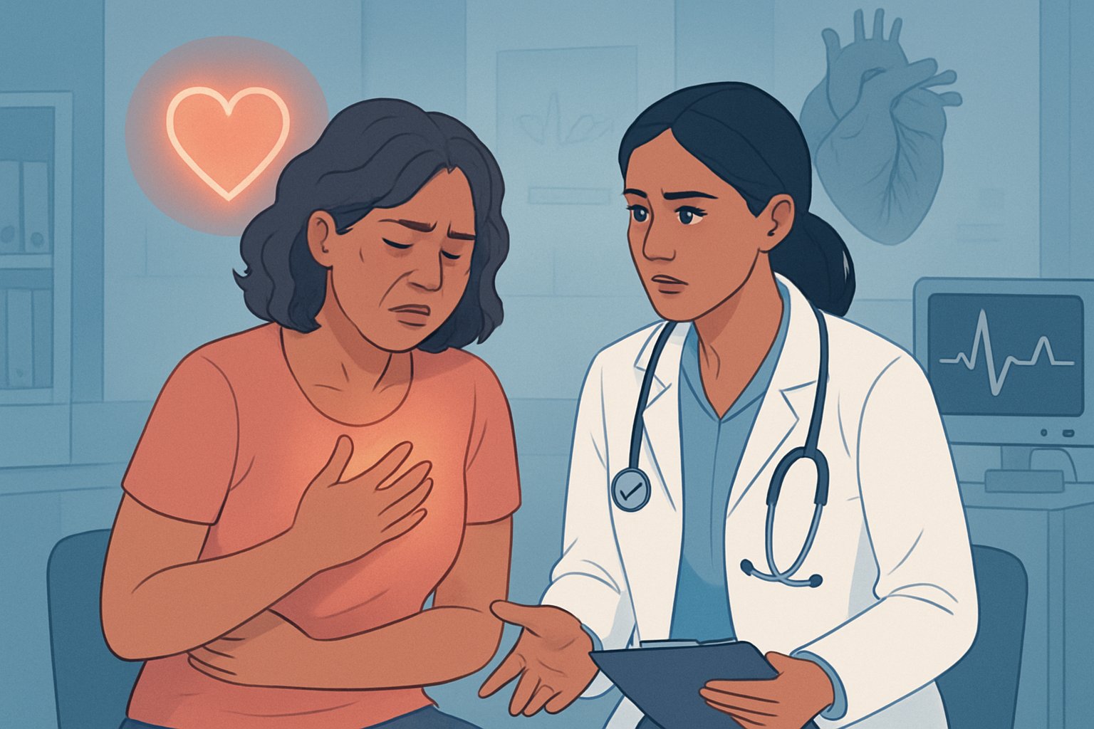A female patient and a healthcare professional in a clinic discussing heart health, with subtle heart symbols in the background.