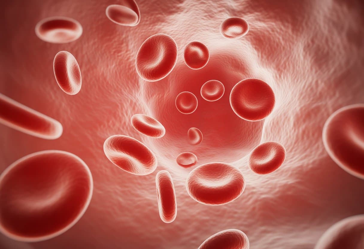 A 3D rendering of a blood vessel showing fewer and paler red blood cells floating in clear plasma with white blood cells and platelets around them.