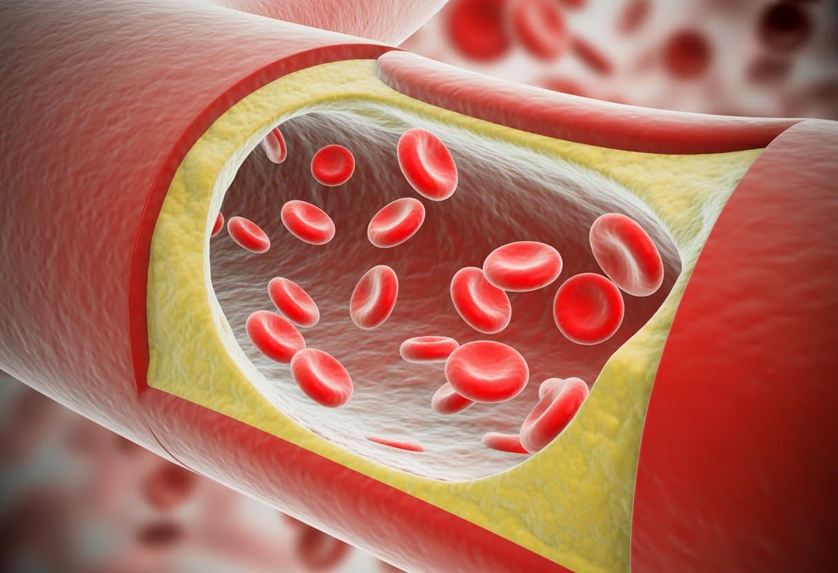 Cross-sectional view inside a blood vessel showing fewer red blood cells among plasma and white blood cells.