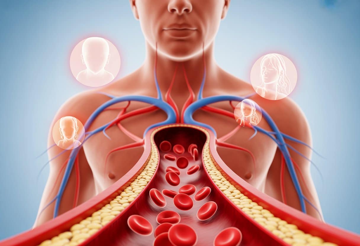 3D rendering of a human torso showing a blood vessel with reduced red blood cells and subtle visual cues around the head and chest indicating symptoms like fatigue and dizziness.