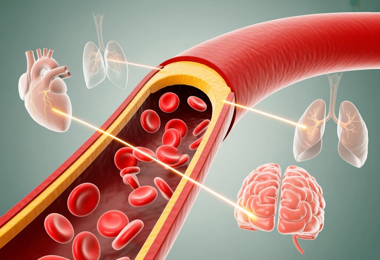 Cross-section of a blood vessel showing fewer red blood cells with visual symbols of heart, lungs, and brain indicating health risks related to low hematocrit.