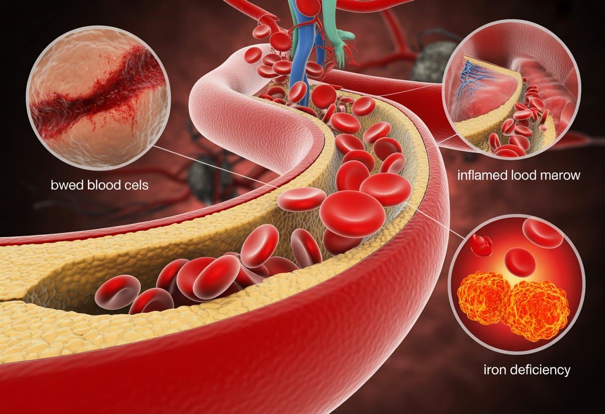 Cross-sectional view of blood vessels showing red blood cells with visual elements representing blood loss, bone marrow inflammation, and iron deficiency as causes of low hematocrit.