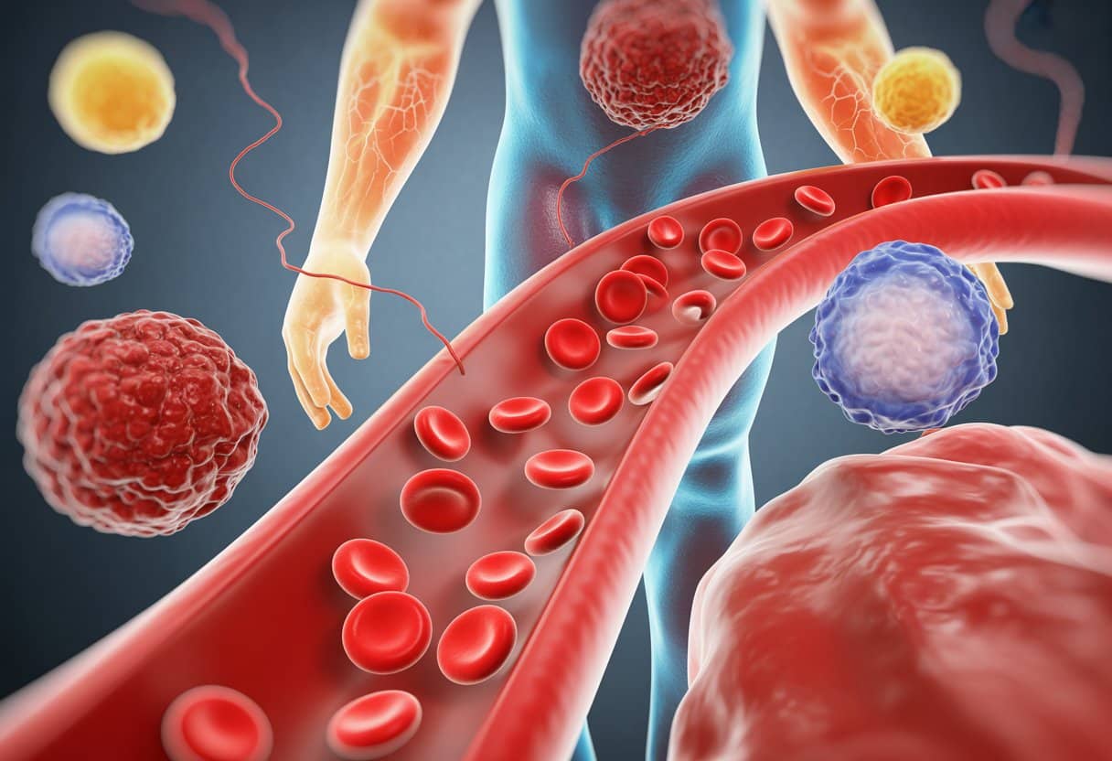 Close-up 3D view of blood vessels with fewer red blood cells, showing signs of low hematocrit and related medical conditions.