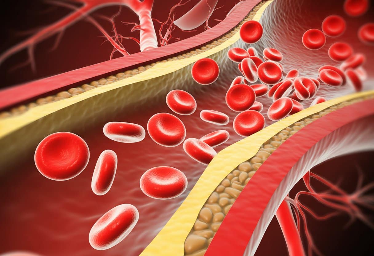 Cross-sectional view inside a blood vessel showing fewer red blood cells floating in plasma, illustrating low hematocrit.