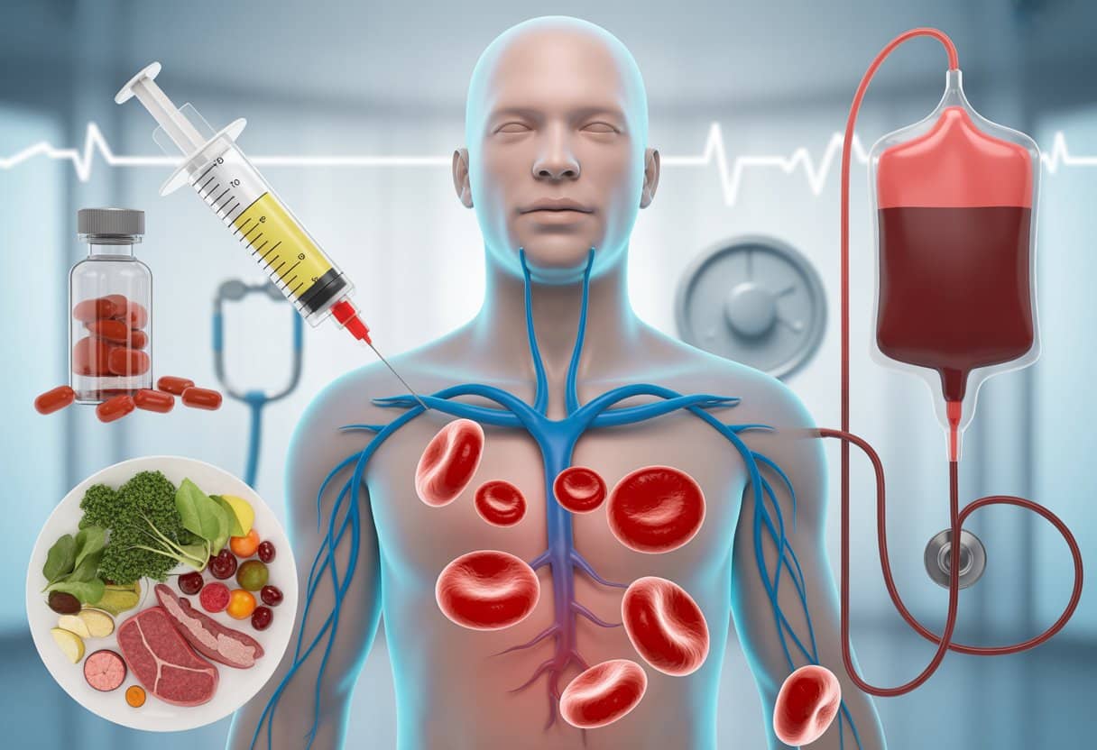 3D rendering of a transparent human torso showing blood vessels with red blood cells, surrounded by medical items like a syringe, iron supplements, a blood transfusion bag, and a plate of healthy foods.