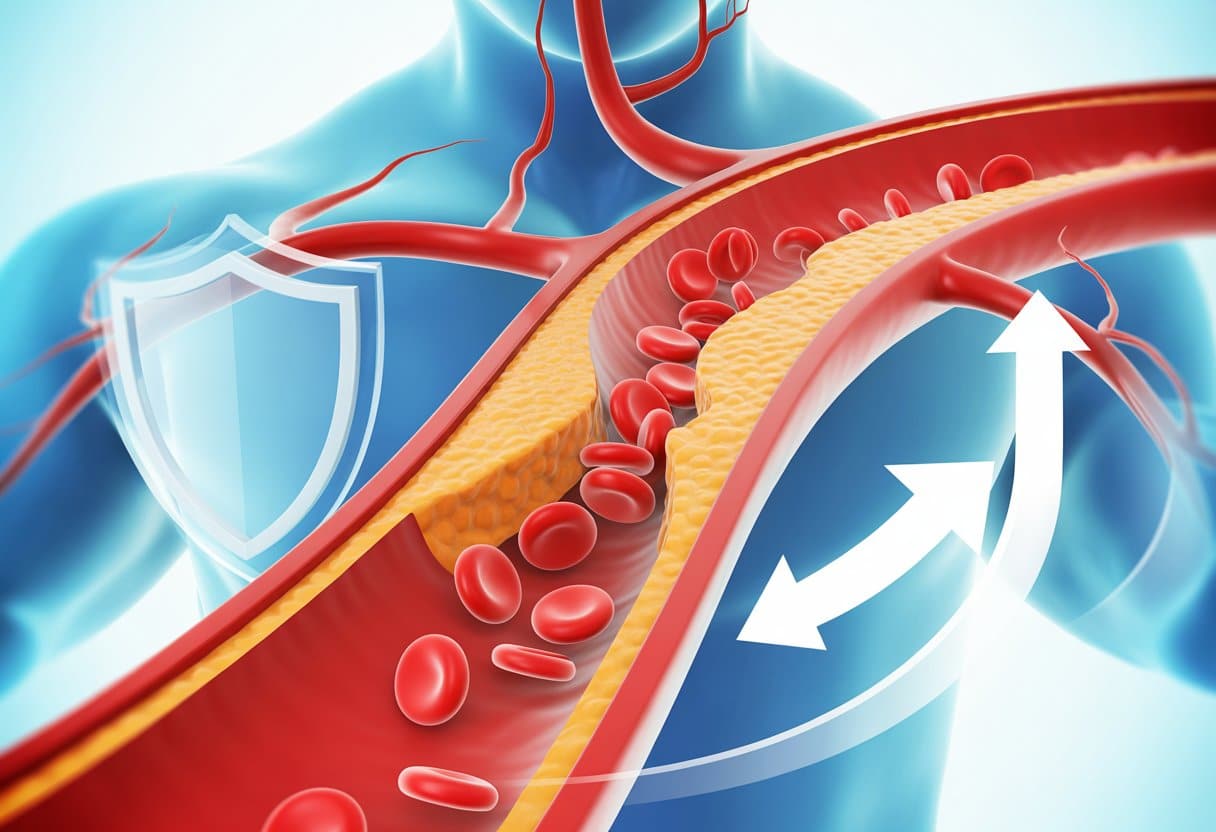 A 3D cross-section of a blood vessel showing fewer red blood cells flowing inside, with symbols representing protection and positive health outlook around it.