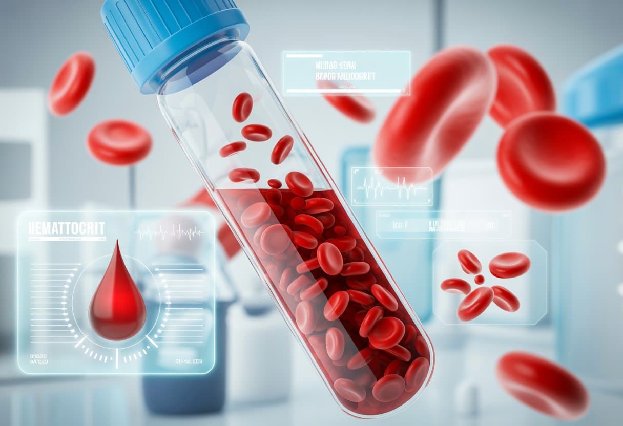 Close-up 3D view of a blood sample vial showing reduced red blood cells to represent low hematocrit, surrounded by medical icons and data displays in a laboratory setting.
