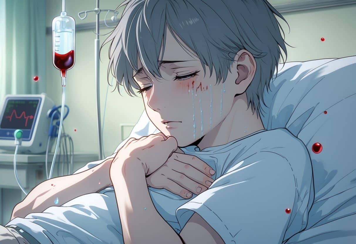 A pale young person sitting weakly in a hospital room, holding their chest with tired eyes, surrounded by faint floating red blood cells.