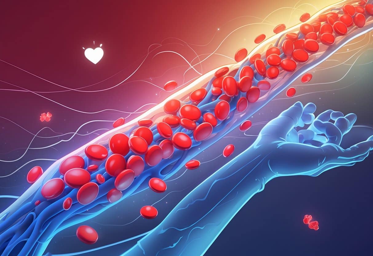 A semi-transparent human figure showing the circulatory system with red blood cells flowing inside, some appearing fewer to represent low red blood cell count, with subtle visual cues of fatigue and reduced oxygen transport.