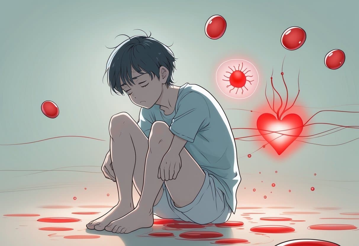 A tired young person surrounded by few glowing red blood cells with visual hints of cold hands, a strained heart, and a dim brain area showing the effects of low red blood cell count.