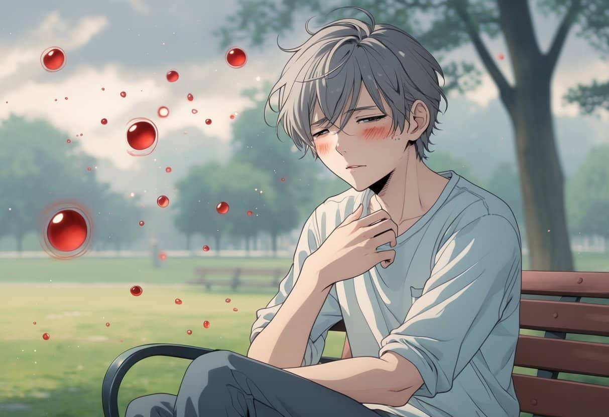 A young person sitting on a bench looking pale and tired, holding their chest as if short of breath, with faint red blood cells fading around them in a park setting.