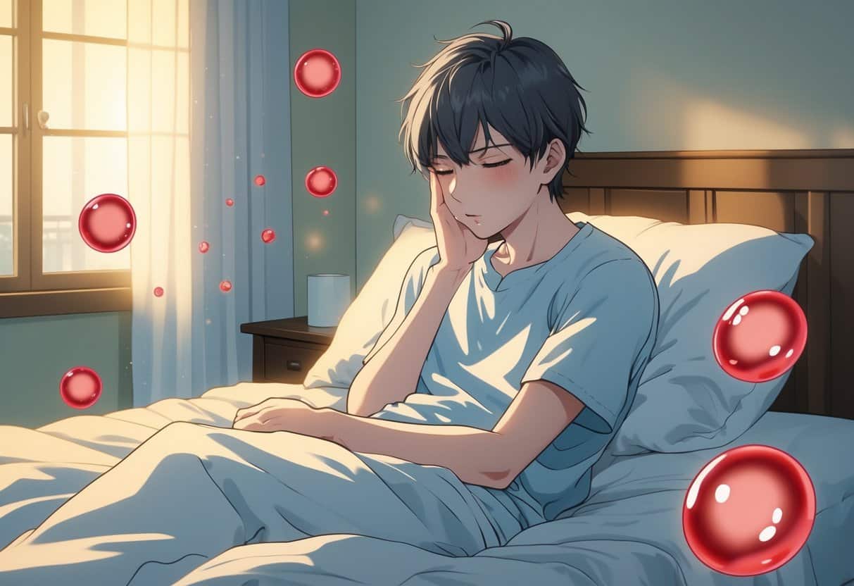 A young person looking tired and pale, sitting on a bed with faint red blood cells floating around them in a softly lit bedroom.