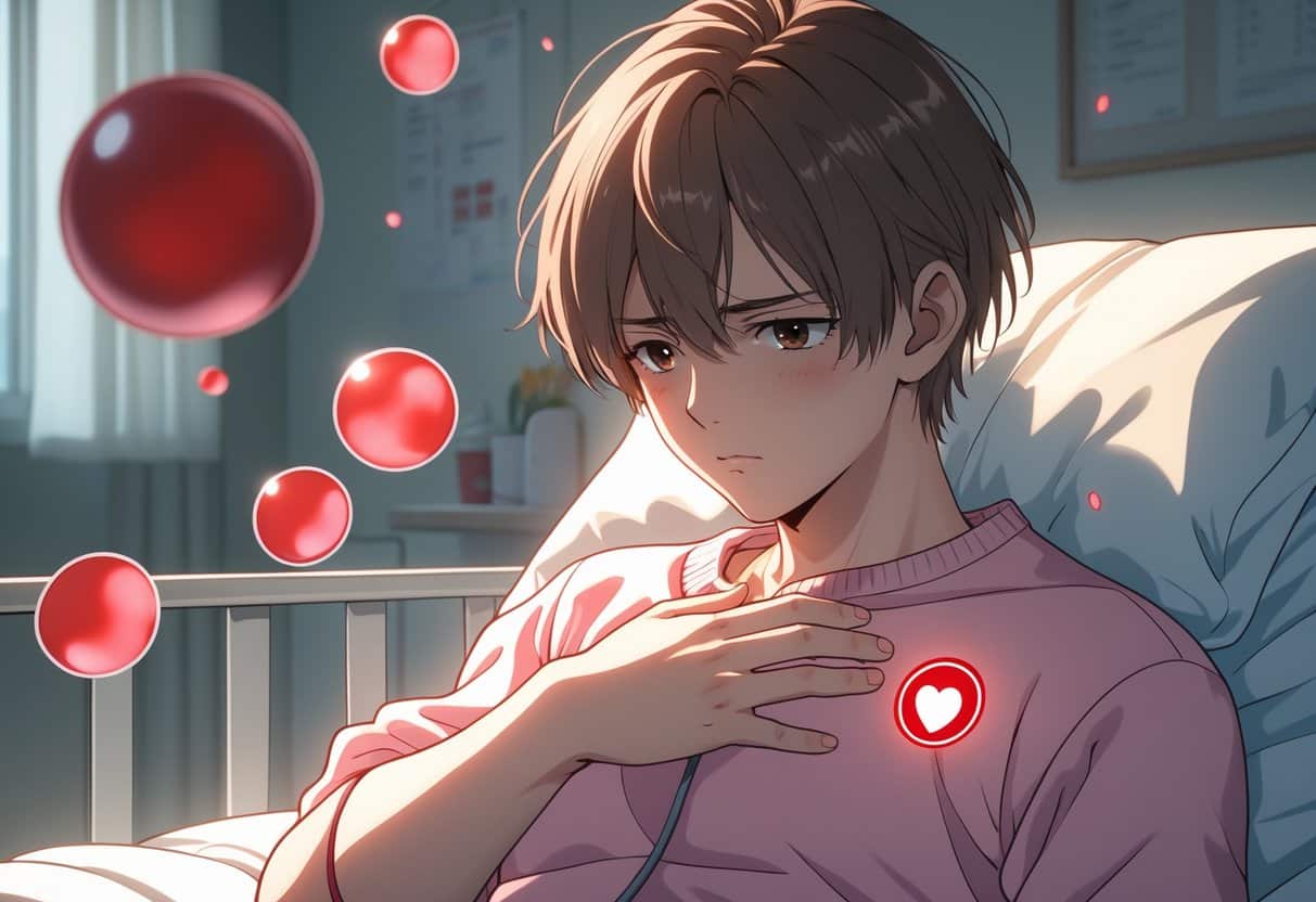 A young person gently holding their chest with a concerned expression, surrounded by faint red blood cells floating in the air.