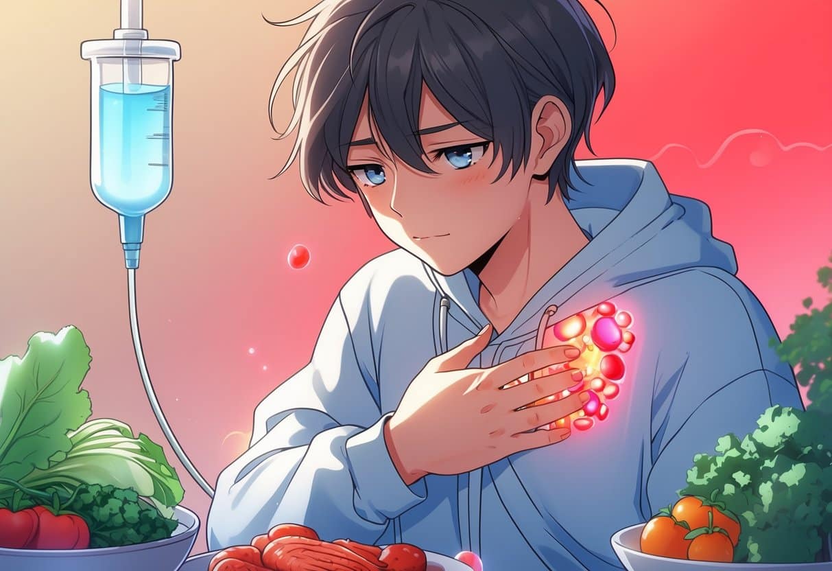A young person holding their chest with a faint glowing representation of red blood cells, surrounded by visuals of medical treatment and healthy foods.
