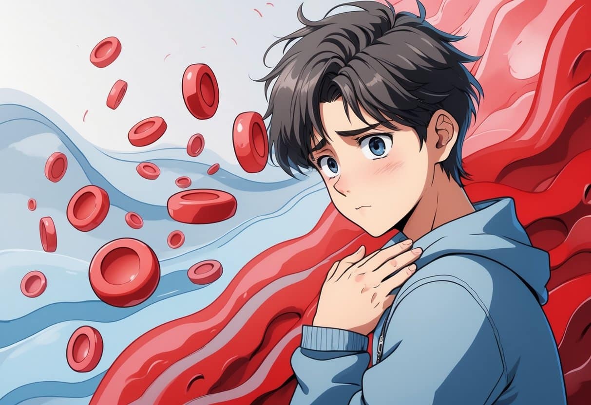 A young person holding their chest with a worried expression surrounded by stylized red blood cells representing low red blood cell count.