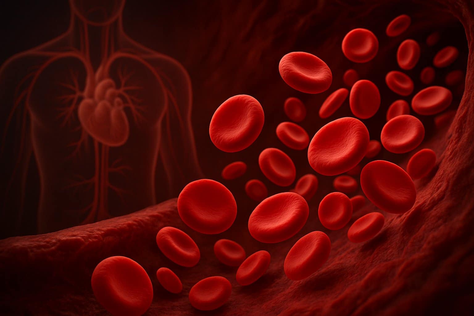 Close-up view of red blood cells flowing through a blood vessel with a faint outline of a human torso showing the circulatory system.