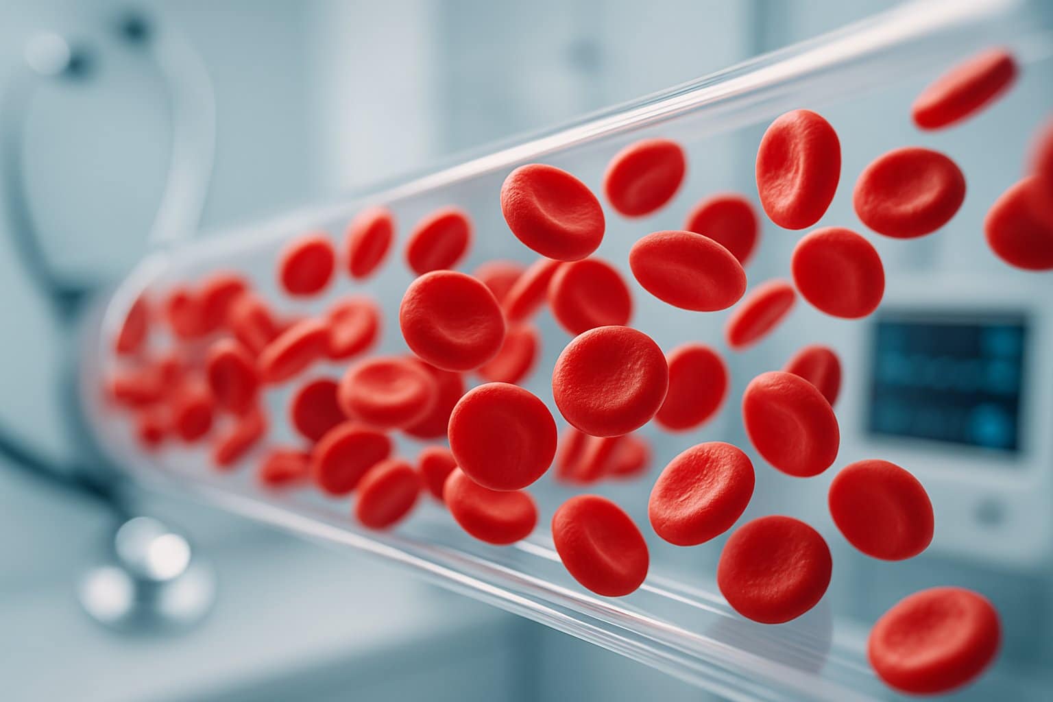 Close-up view of red blood cells flowing inside a blood vessel with medical equipment blurred in the background.