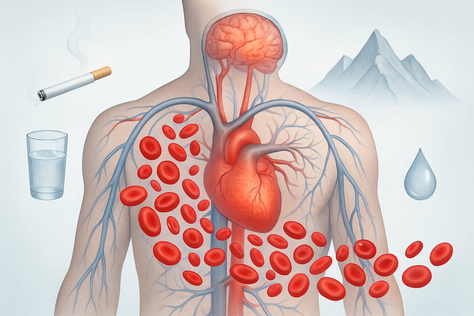 Human torso showing red blood cells in the circulatory system with symbols representing causes and effects of high red blood cell count.