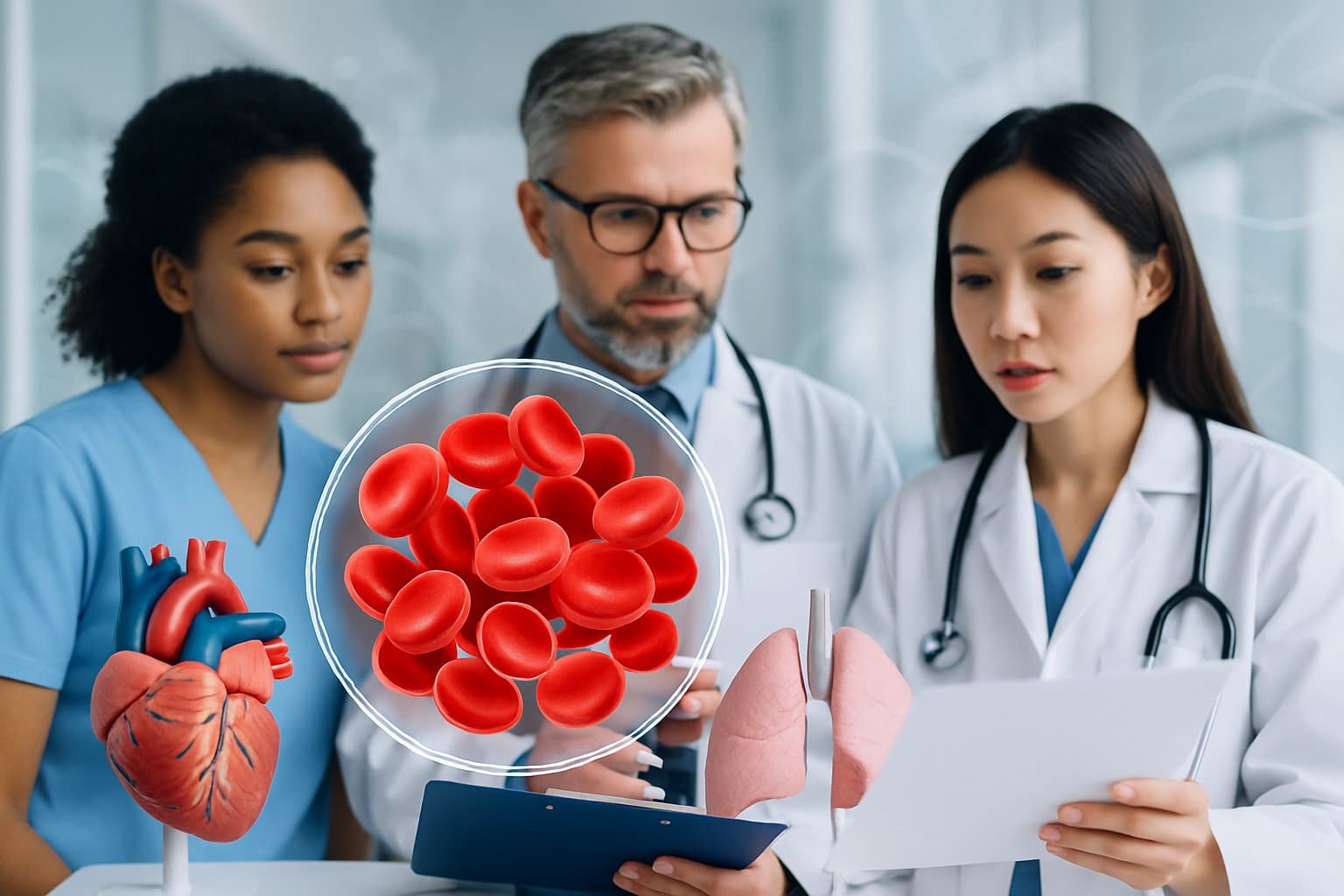 Healthcare professionals reviewing blood test results with a 3D illustration of red blood cells and medical models representing heart and lungs in a clinical setting.