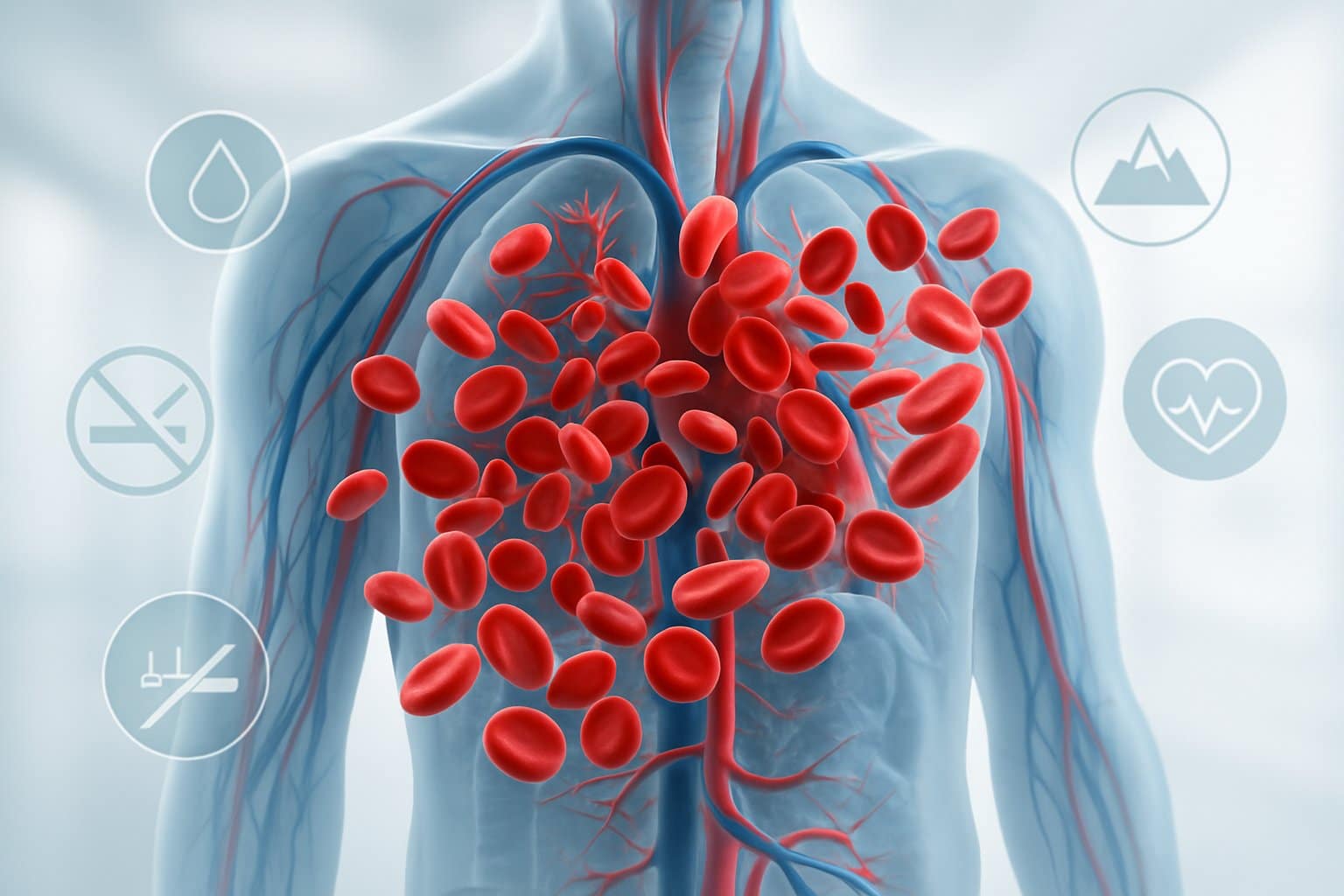Close-up view of a human torso with visible blood vessels filled with red blood cells, surrounded by medical icons representing factors affecting red blood cell count.