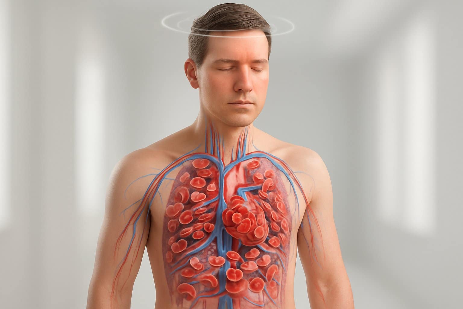 A human torso with visible red blood cells flowing through veins and arteries, showing symptoms like dizziness, headache, fatigue, and flushed skin.