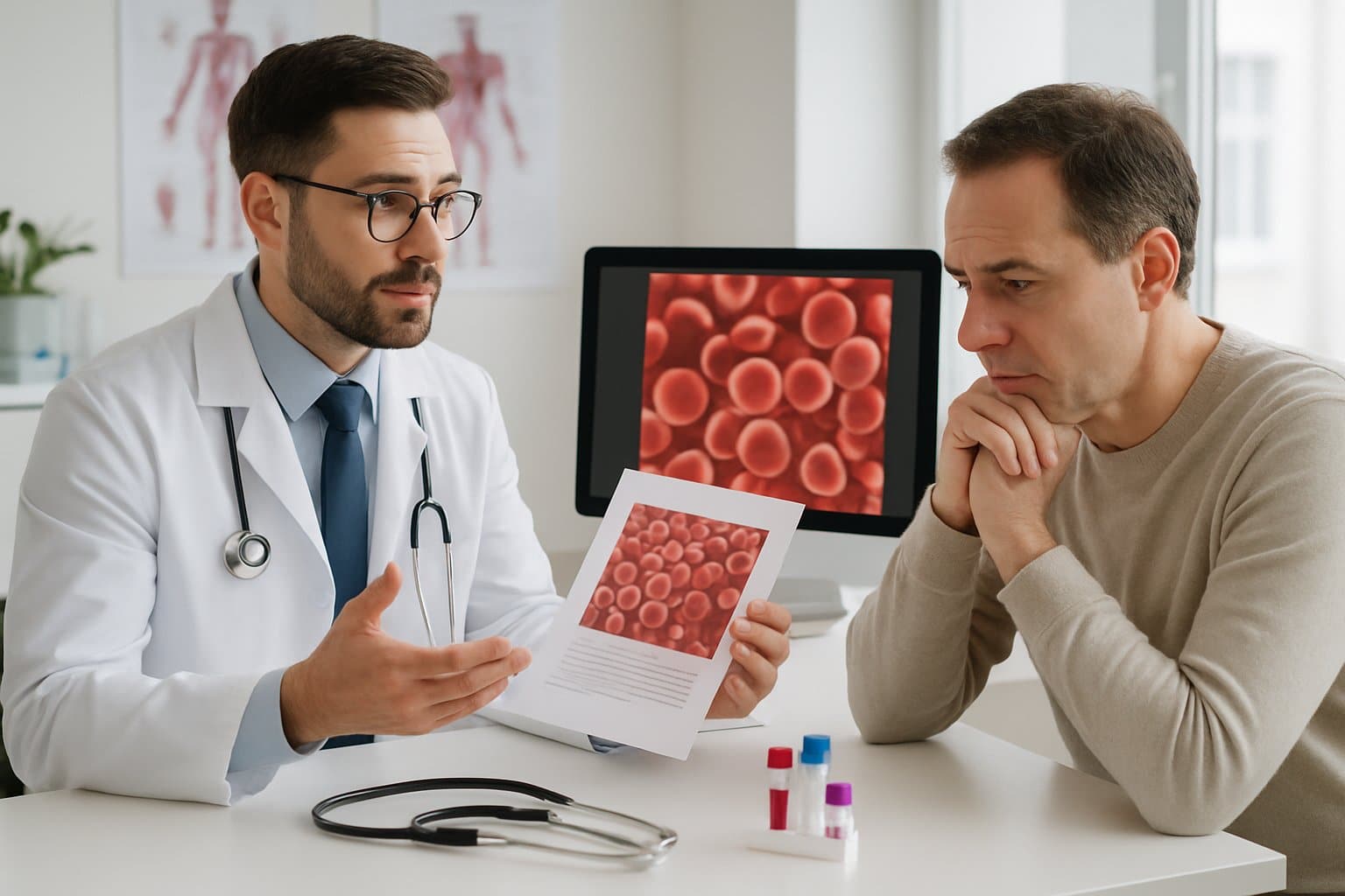 A doctor explains blood test results to a patient in a medical office with blood sample vials and anatomical charts in the background.