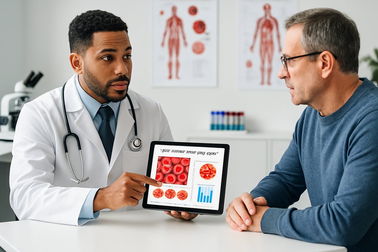 A doctor consulting with a patient in a medical office, discussing blood health with medical equipment visible in the background.