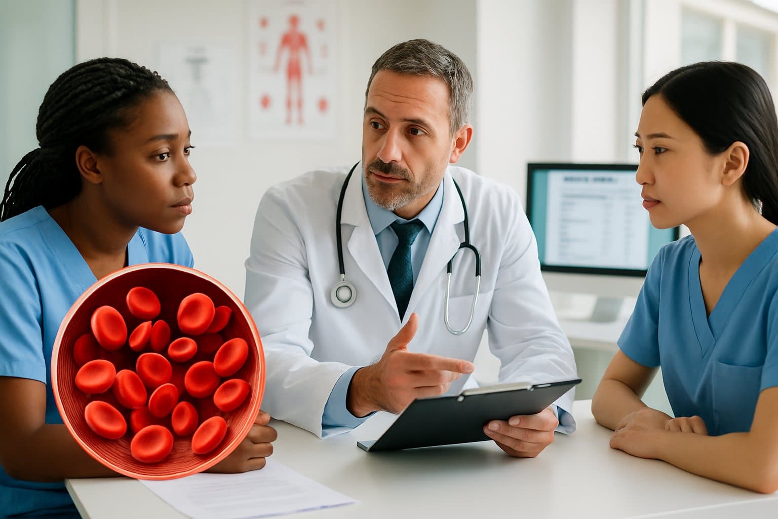Healthcare professionals discussing blood test results with a detailed 3D illustration of red blood cells flowing through a blood vessel in a clinical setting.