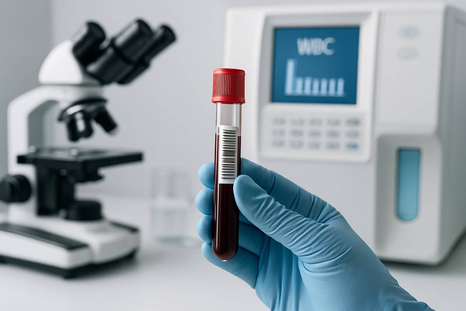 Close-up of a gloved hand holding a blood sample tube in a medical lab with a microscope and blood analyzer in the background.