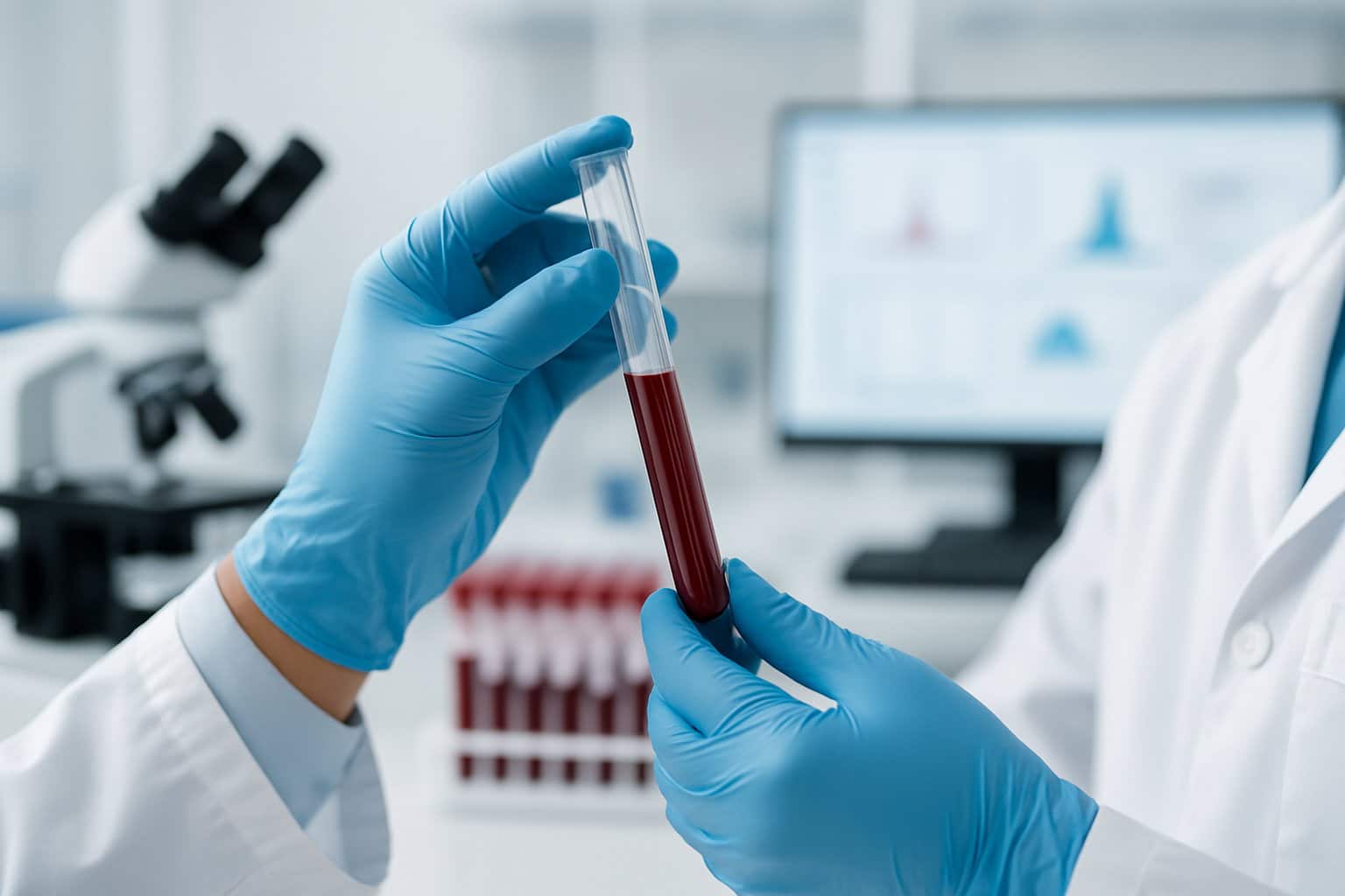 A scientist in a lab coat holding a blood sample tube in a medical laboratory with lab equipment in the background.