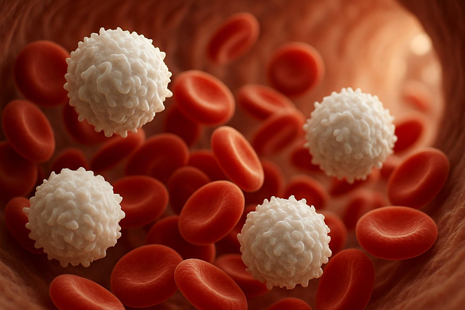 Close-up view inside a blood vessel showing white blood cells among red blood cells actively moving.