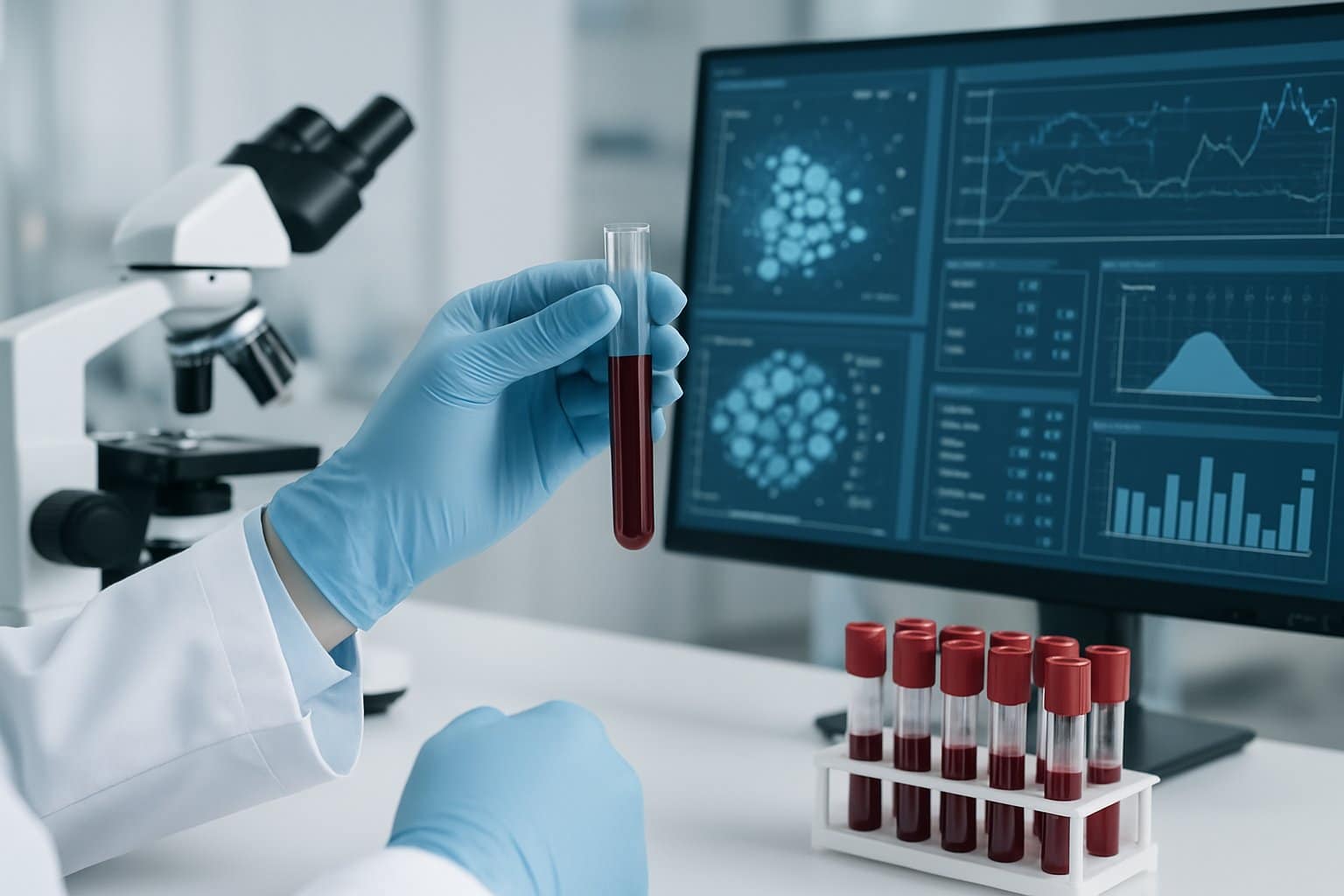 A lab technician holding a blood sample in a medical laboratory with microscopes and a computer showing medical data in the background.