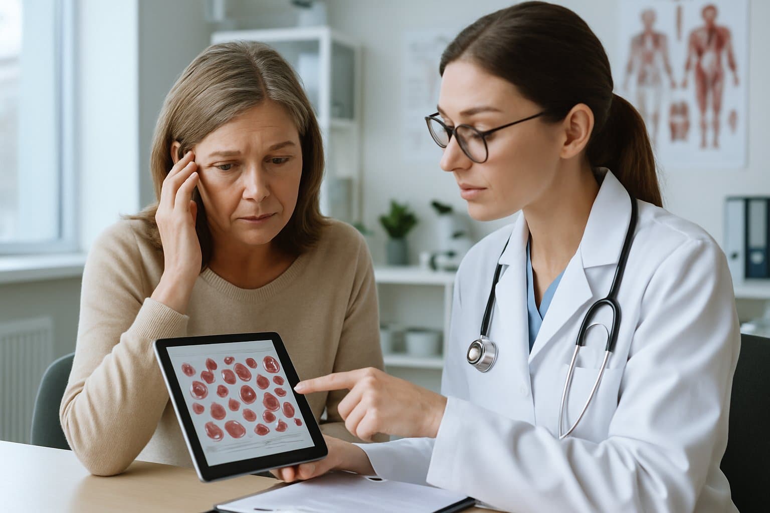 A woman consulting with a doctor in a medical office, discussing health information with a digital chart visible.