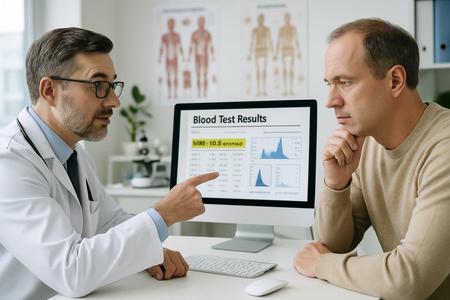 A doctor explains blood test results to a patient in a medical office.