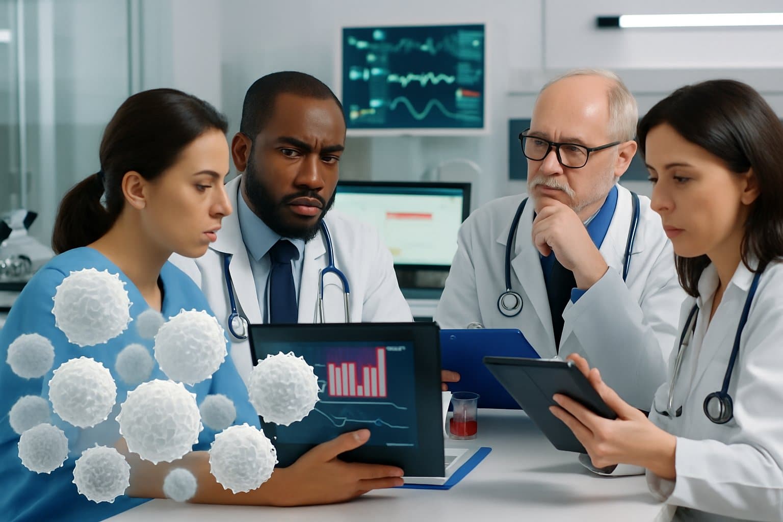 Healthcare professionals reviewing medical charts and blood test results in a hospital, with an illustration of white blood cells representing high WBC count.