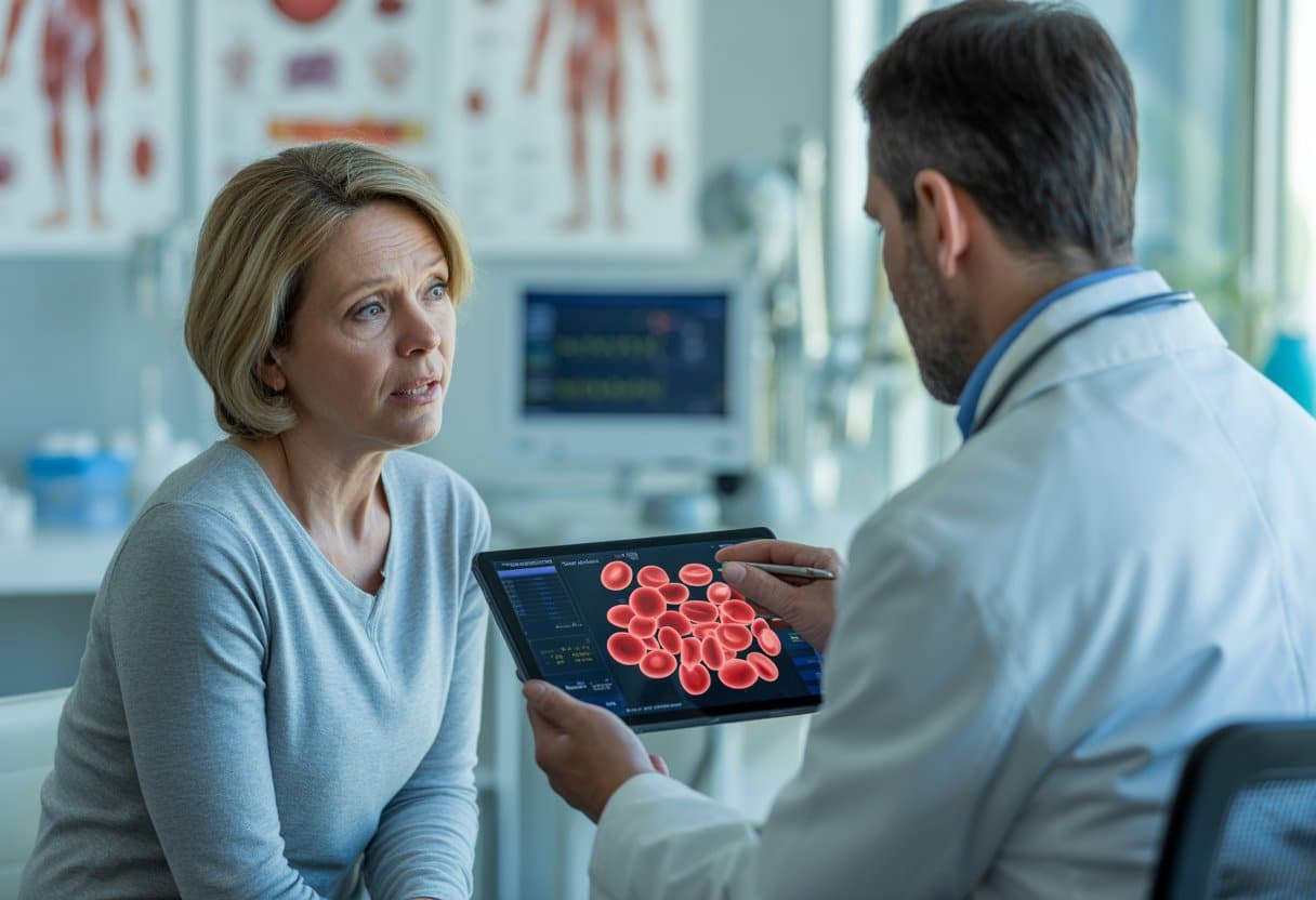 A woman in a medical clinic talking with a doctor who is showing blood test results on a tablet.