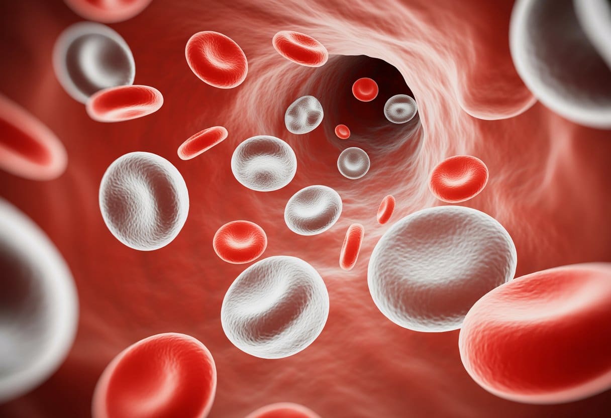 Close-up view of white blood cells and red blood cells flowing inside a bloodstream.