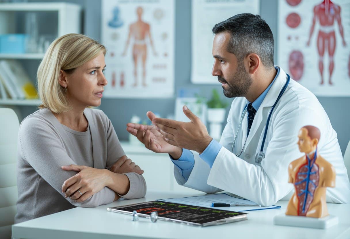 A doctor talks to a concerned woman in a medical clinic, discussing health risks related to low white blood cell count.
