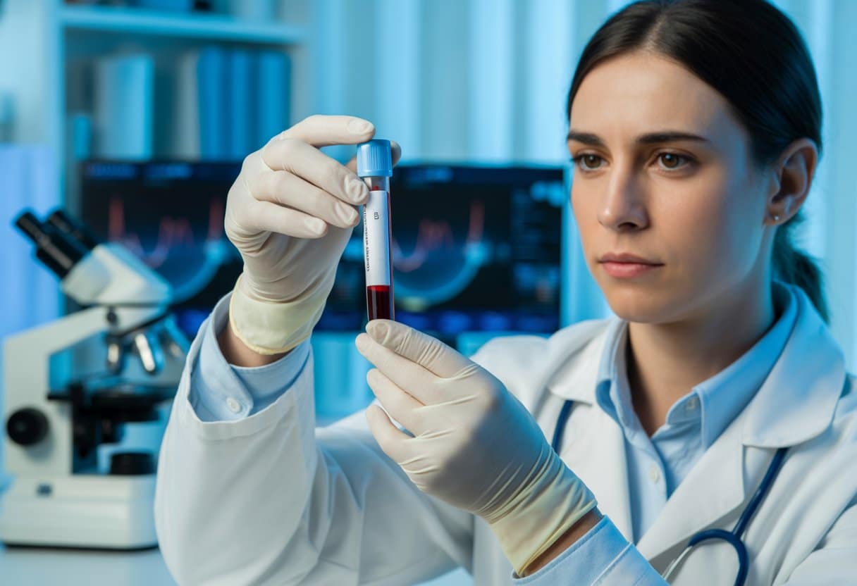 A healthcare professional in a lab coat holding a test tube with blood in a clinical laboratory setting.